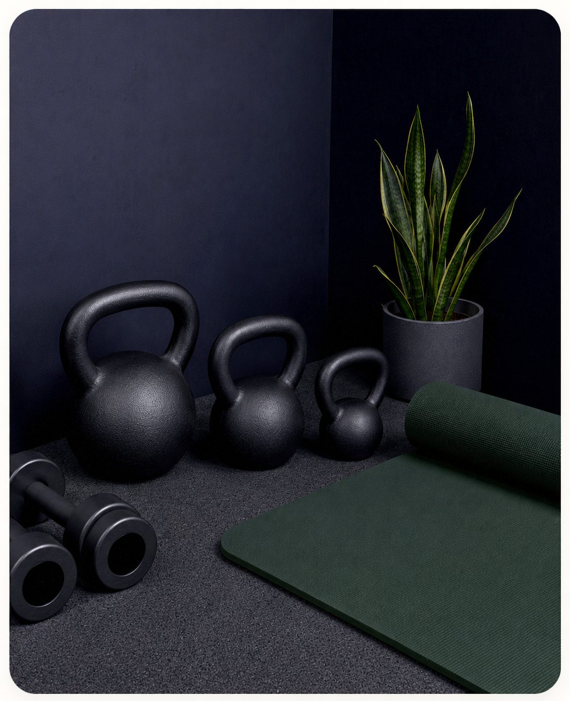 Kettlebells, yoga mat, and snake plant in a North Vancouver personal training studio
